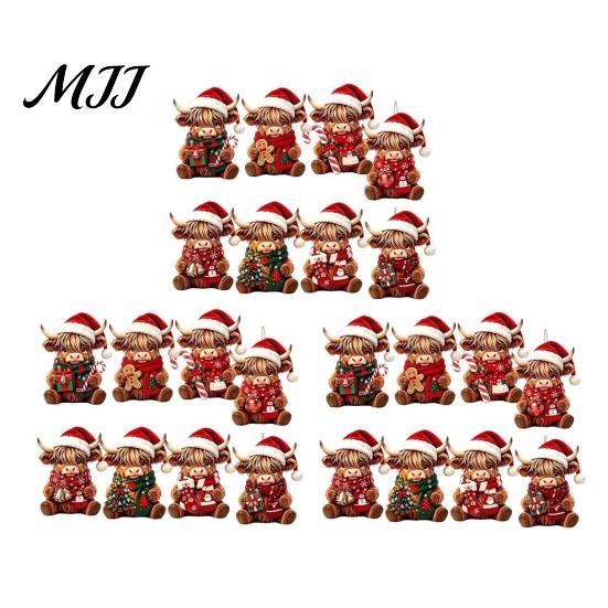 Flat Wood Xmas Decorations Highland Cow Christmas Ornament Set, 2D Wooden Cute Gift Items Hanging Decor with String, Holiday Tree Party Decoration