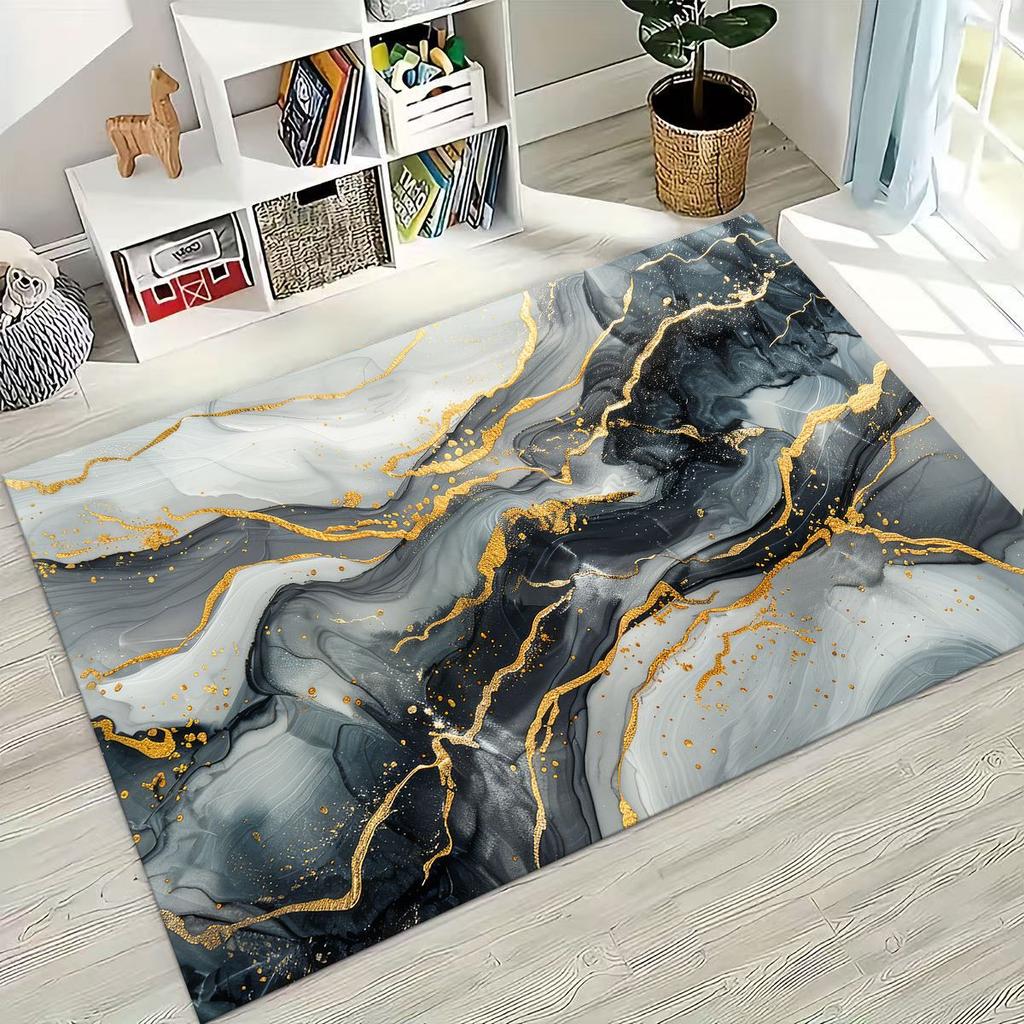 2026 Luxurious Marble Black Green Gold Colorful Stone Texture Rug for Bedroom Living Room Sofa Home Doormat Decor,Non-slip Mat