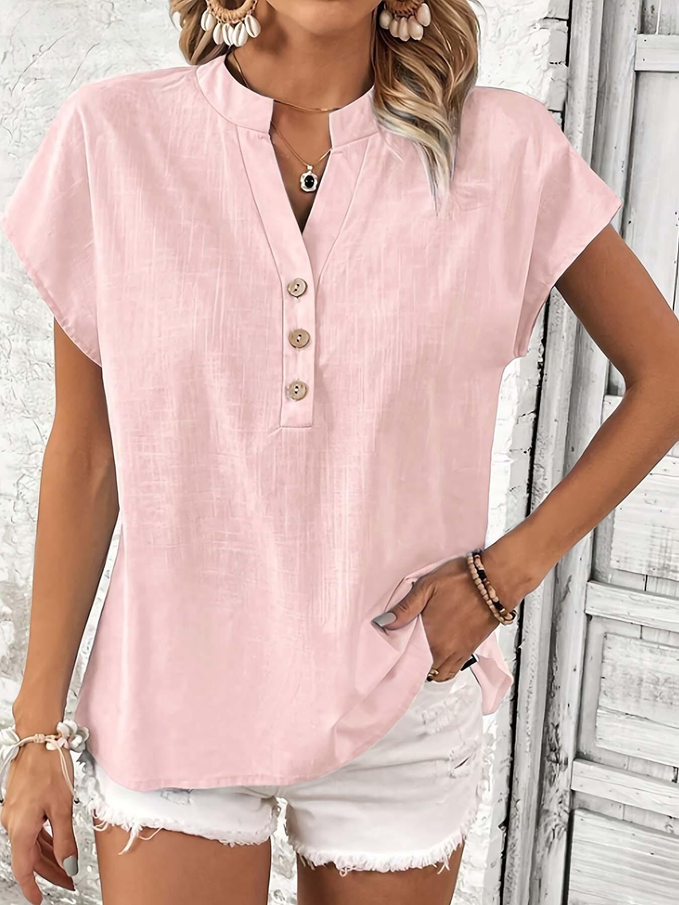 

women s Loose Fit Solid Color Half Button Stand Collar Cap Short Sleeve Casual Linen Blouse Top 3XL