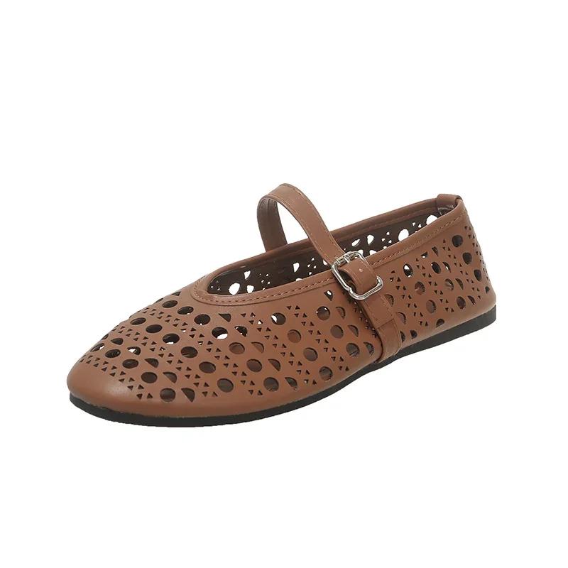 

Модные новые женские туфли с пряжкой, женские туфли на плоской подошве, осенние, с круглым носком, полые, сплошные, повседневные, удобные, большого размера, для офиса, женские туфли 43 светло-коричневого
