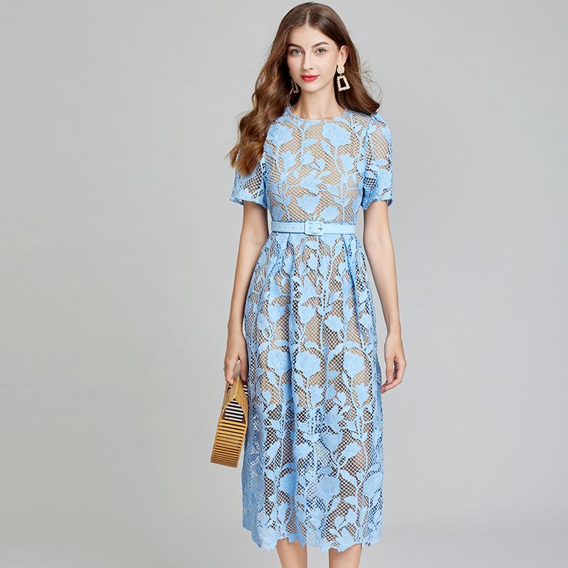 

Летние женские роскошные водорастворимые кружевные вязаные крючком цветочные вышитые вечерние платья с поясом S синий