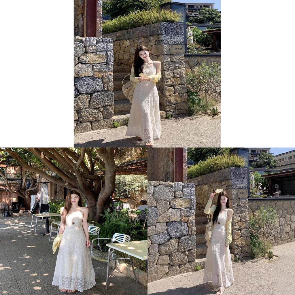 Summer Beach Vacation Maxi Dress With Lace Trim For Women