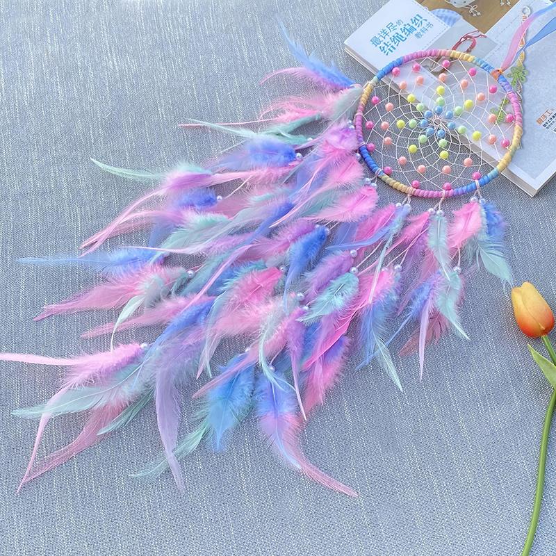 Dream Catcher Hand-woven Colorful Feather Wind Chimes Bedroom Hanging Ornaments Wall Decor Festival Party Gifts Home Accessory