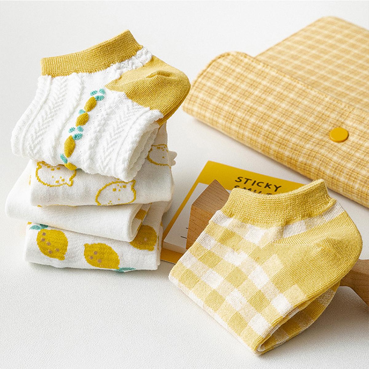 

5 пар/комплект женских модных хлопковых носков желтые носки до щиколотки с креативным принтом мультяшные милые лимонные носки One Size