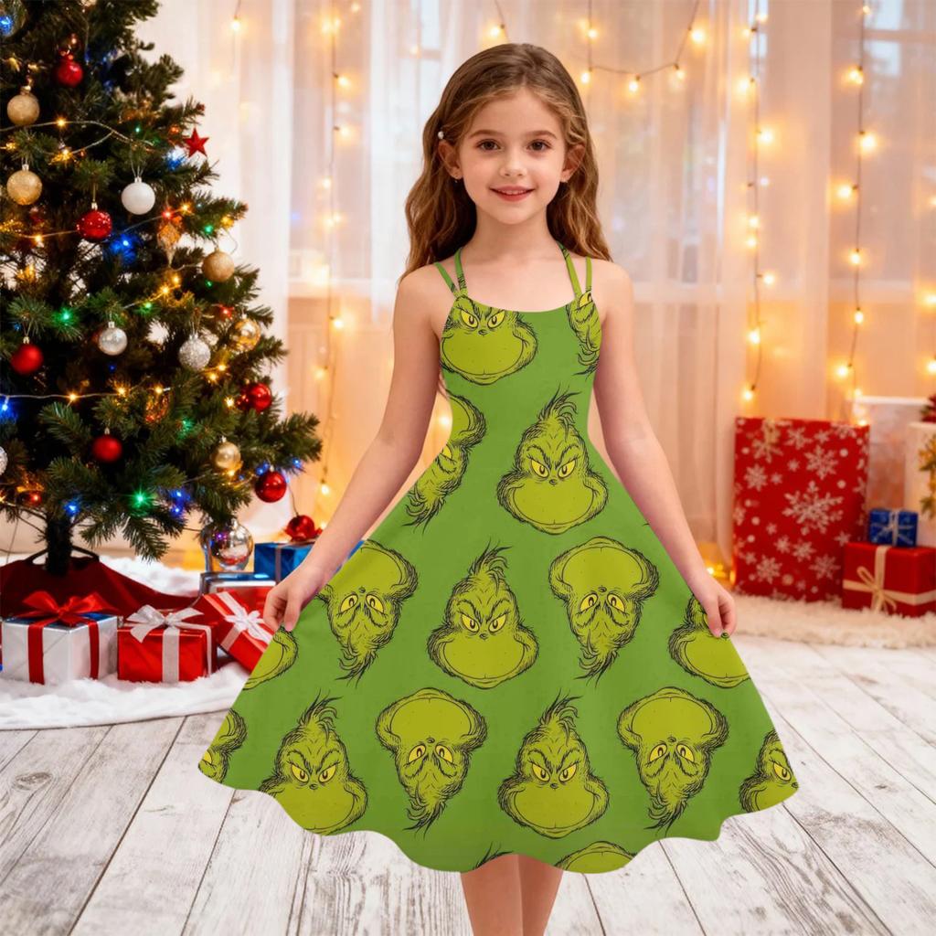 Children's Fashion Casual Christmas Print Off-Shoulder Punk Vintage Dress
