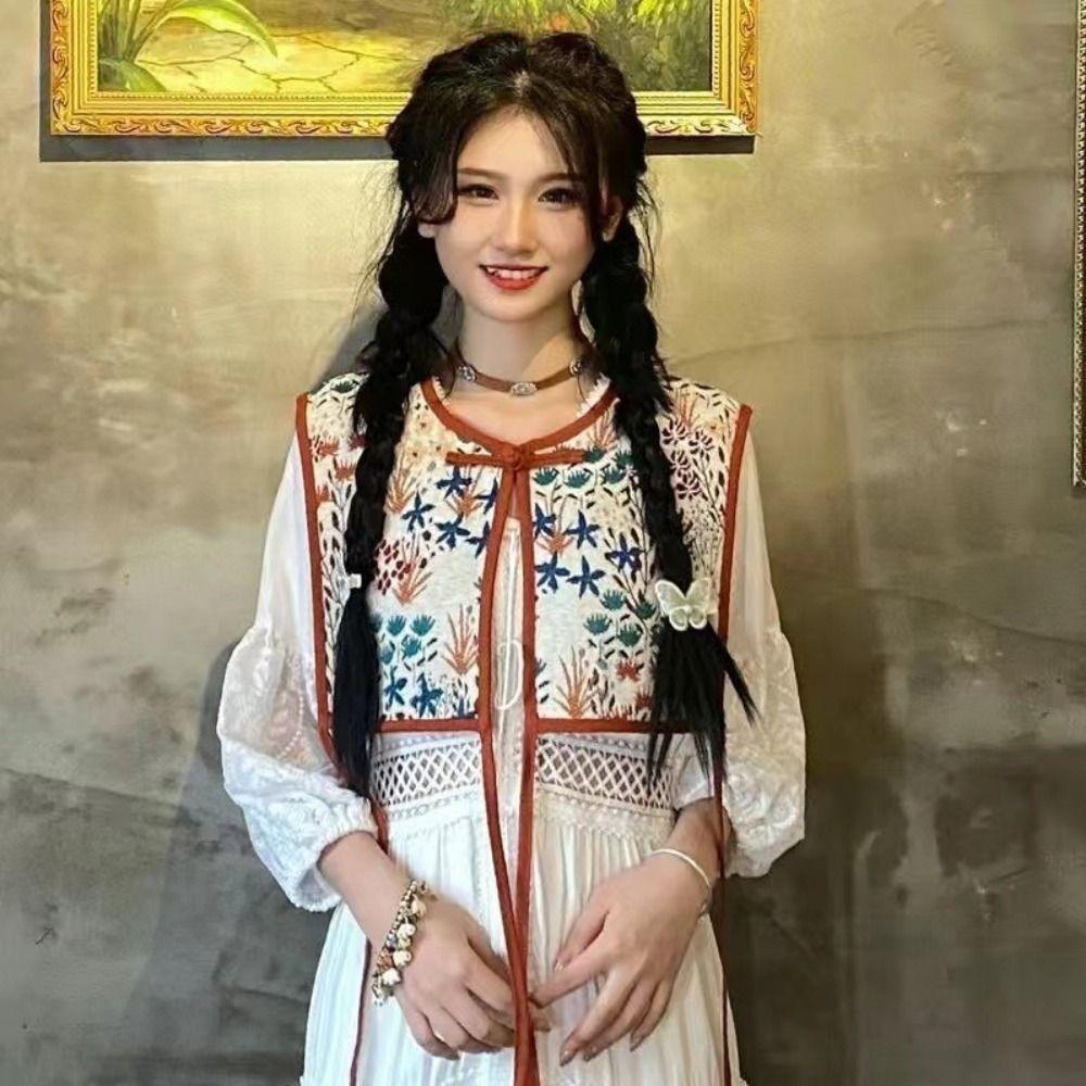 Motif Aléatoire Gilet Brodé pour Femmes Gilet Vintage à Lacets Mode Faux Col Capelet Féminin