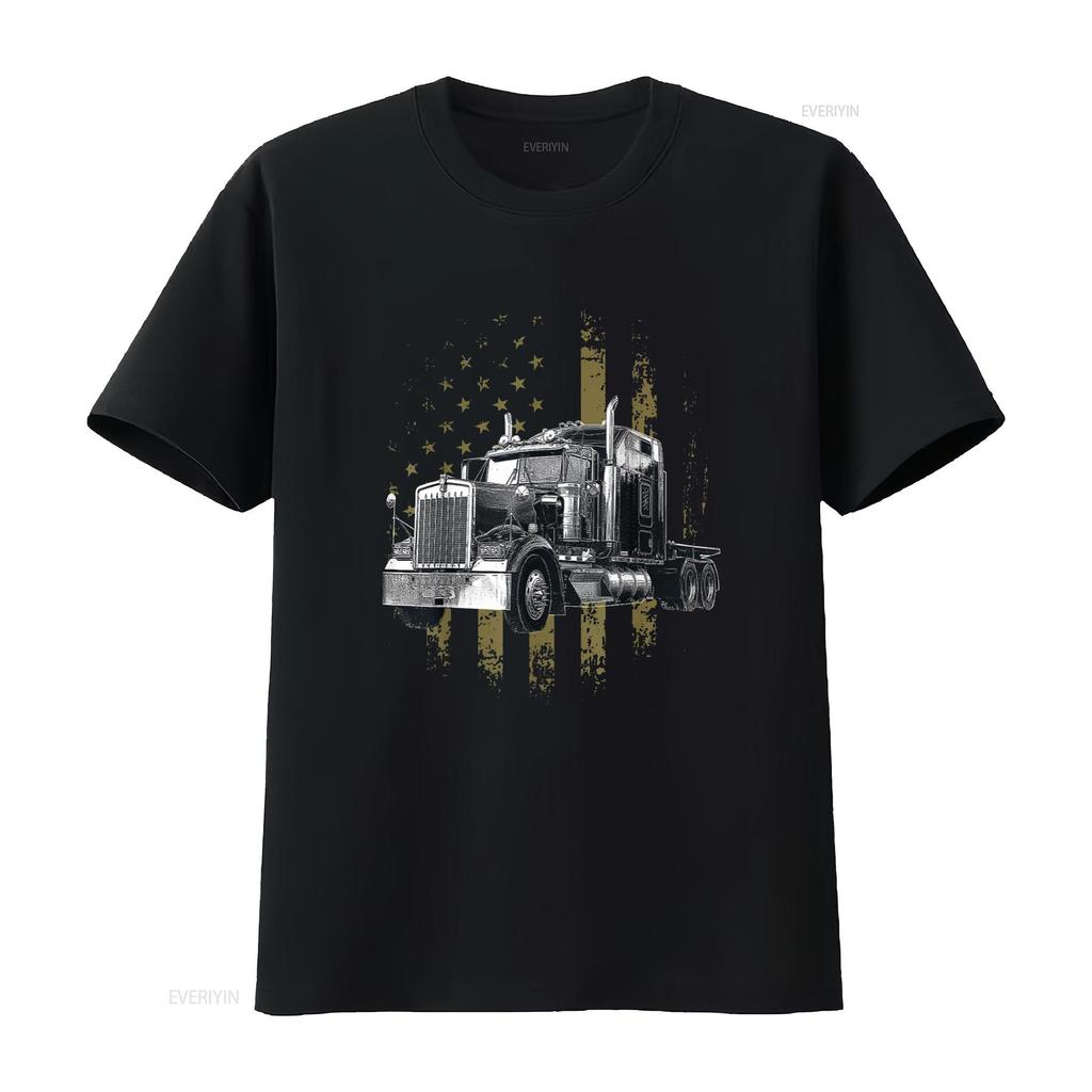 Kierowca Ciężarówki Amerykańska Flaga Duża Ciężarówka Ciągnik Siodłowy Kierowca Ciężarówki Koszulka Czarna 4X Duży vintage Wypłukana Wszechstronna moda graficzna