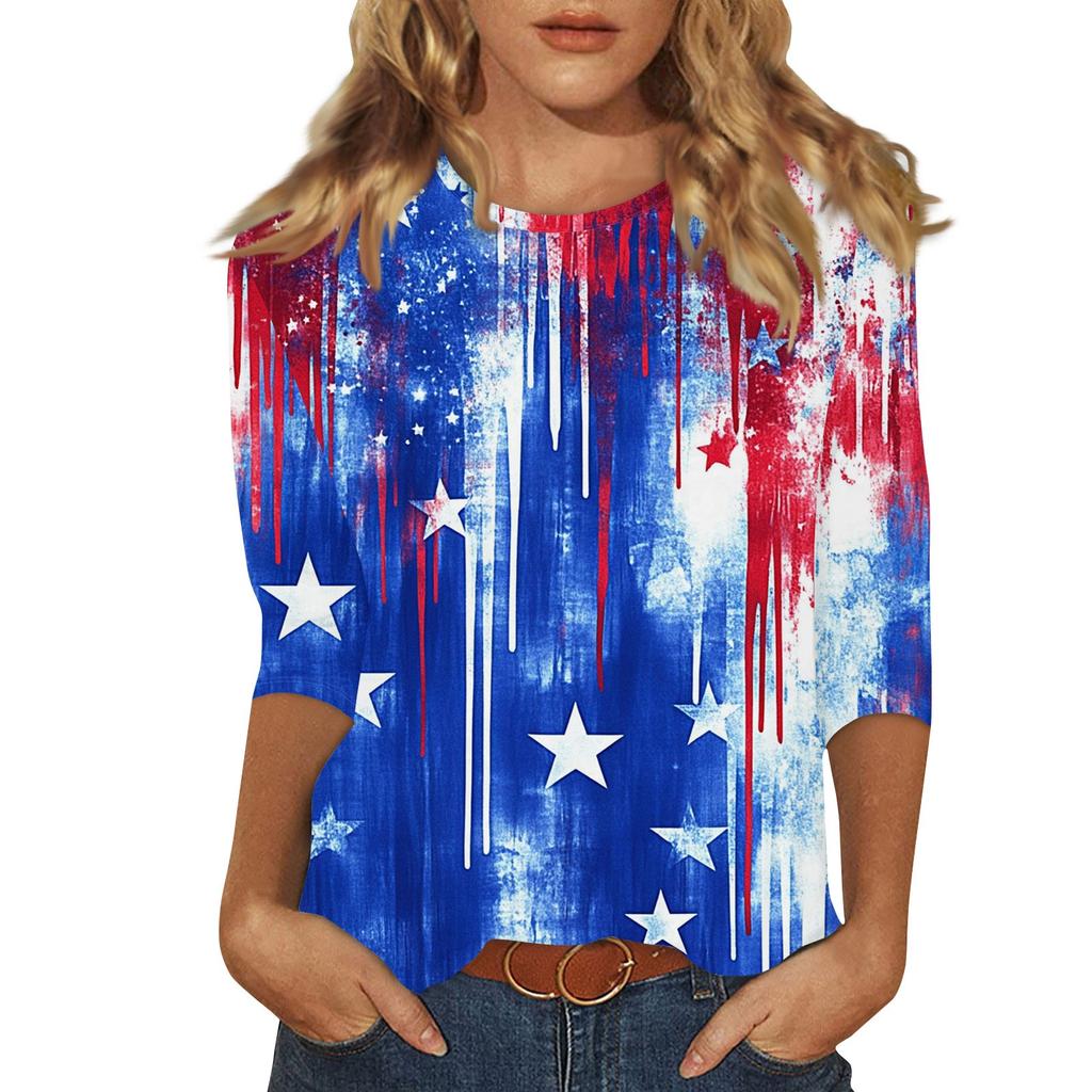Damenmode Lässig Rundhals Bedrucktes 3/4 T-Shirt Top