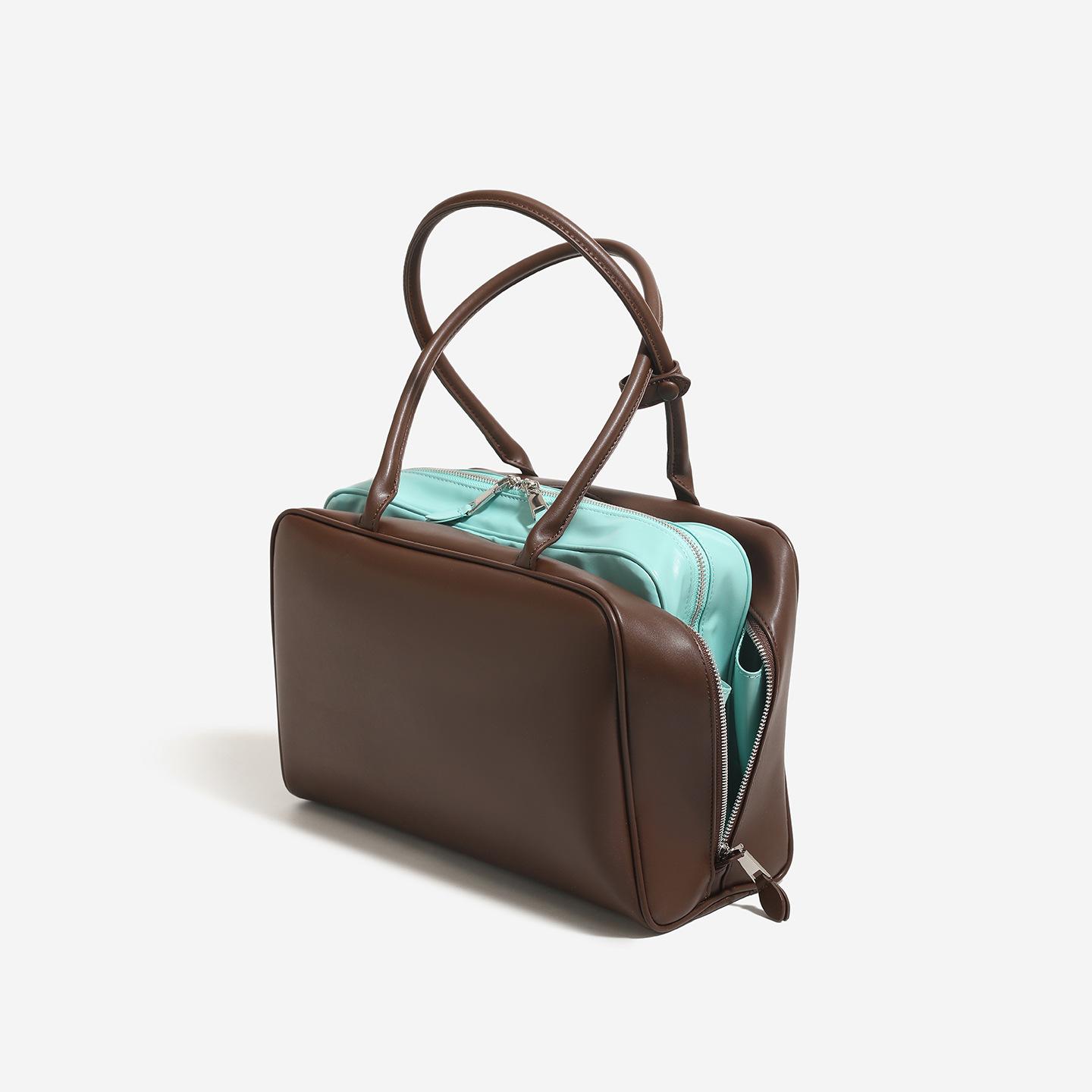 Bowling Bag, Sheepskin Feeling Shoulder Bag, French Contrasting Color Commuting Handbag, Armpit Bag, Boston Bag 36x14x24cm
