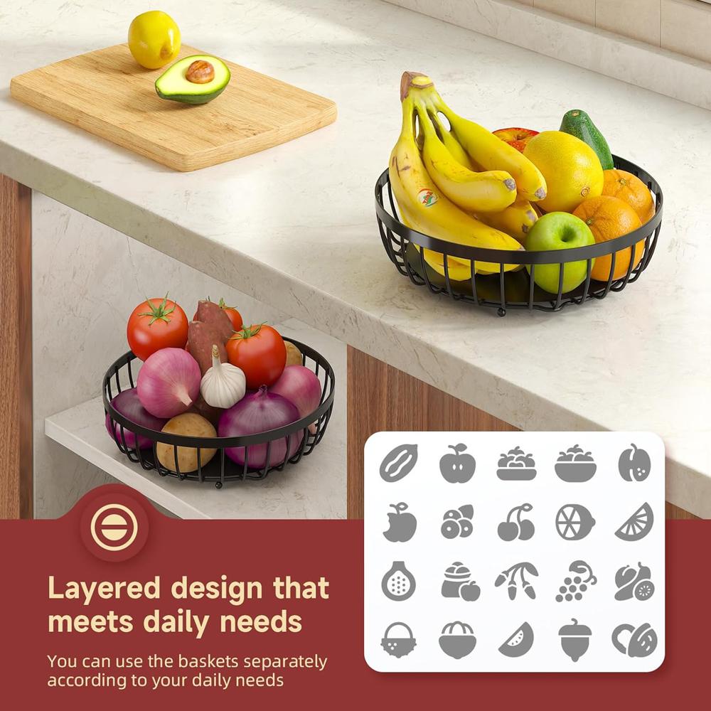 2 Tier Large Fruit Basket for Kitchen Counter with 2 Banana Hangers, Metal Stackable Fruit Bowl for Kitchen Counter for Bread