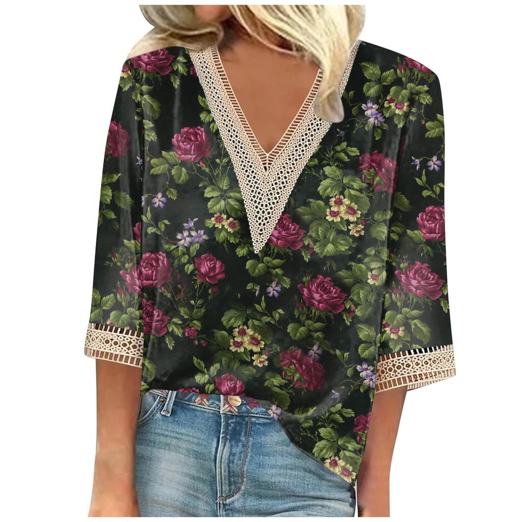 Women's Blouse Casual Loose 3/4 Sleeve Lace Trims Print V Neck Print Tops T-shirts