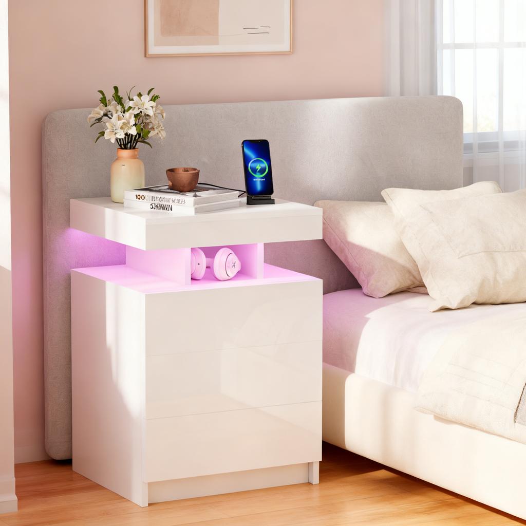 Bedside Nightstand with Narrow Profile Steel Frame and Fabric Drawers with Charging Station and LED Lights Modern Minimalist