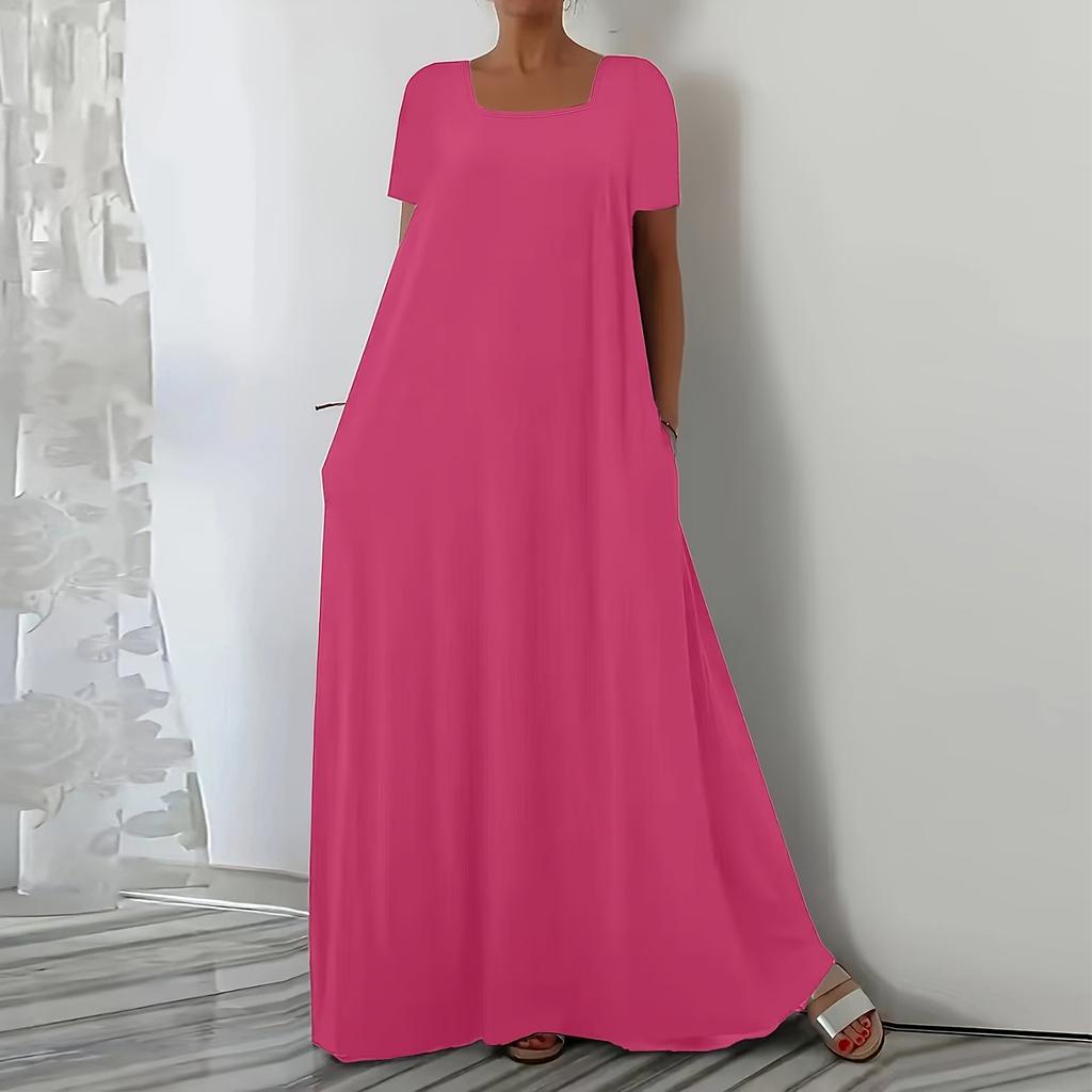 Women's Loose Fit Short Sleeve Square Neck Dress Plus Size Color Casual Summer Wear