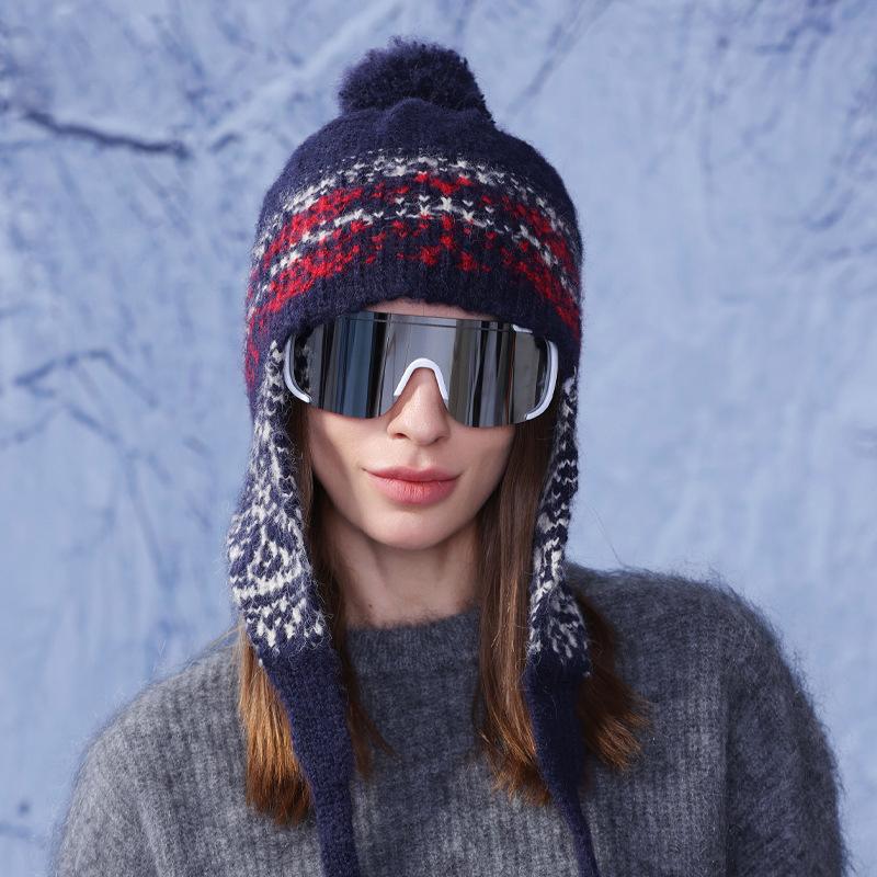 Zimowa czapka ochronna na uszy damska, odporna na zimno, ciepła czapka typu bomber, kolorowa, w paski, dzianinowa, wełniana czapka