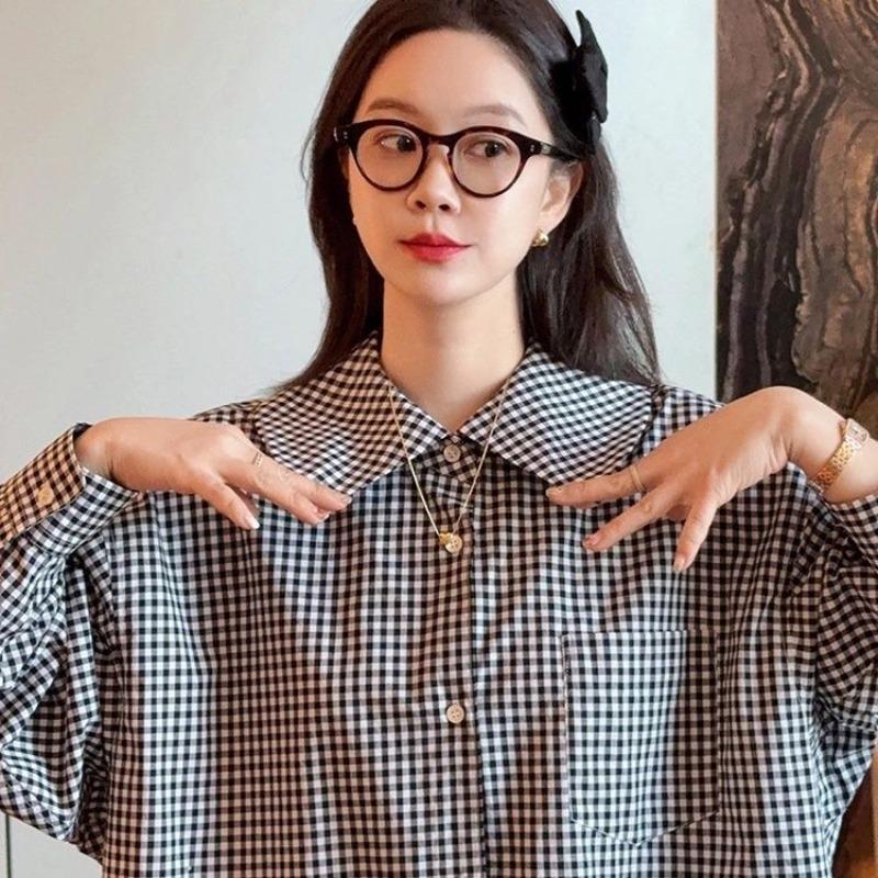 Women's Checkered Shirt spring Flip Collar Single Breasted Ruffle Edge Ladies Shirts Japanese Style Loose Casual Famale long sleeved Top