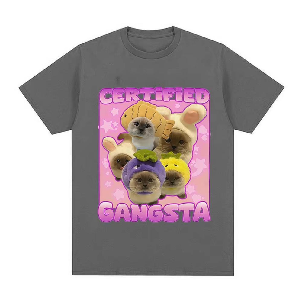 Certified Gangsta Funny Cat Meme T-shirts Men Women Cute Style Cotton Short Sleeve T Shirts Casual Oversized O-Neck Tops T Shirt