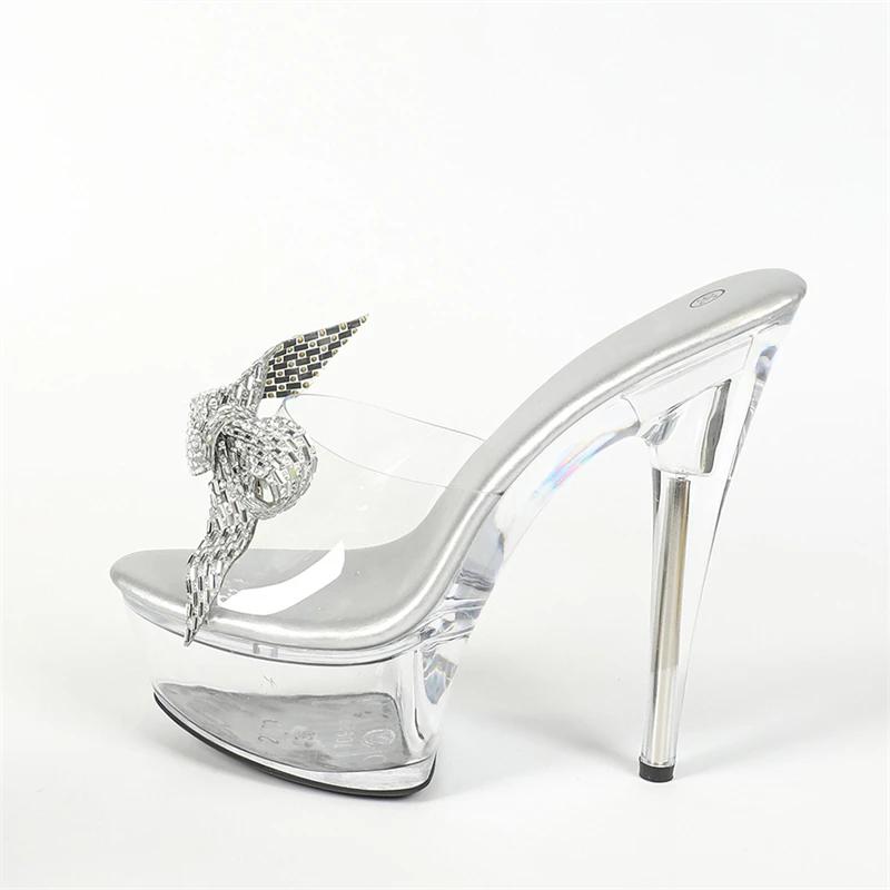 Eilyken Sexy PVC Transparent Butterfly-knot Women Slippers Crystal Platform Thin High Heels Peep Toe Party Prom Shoes