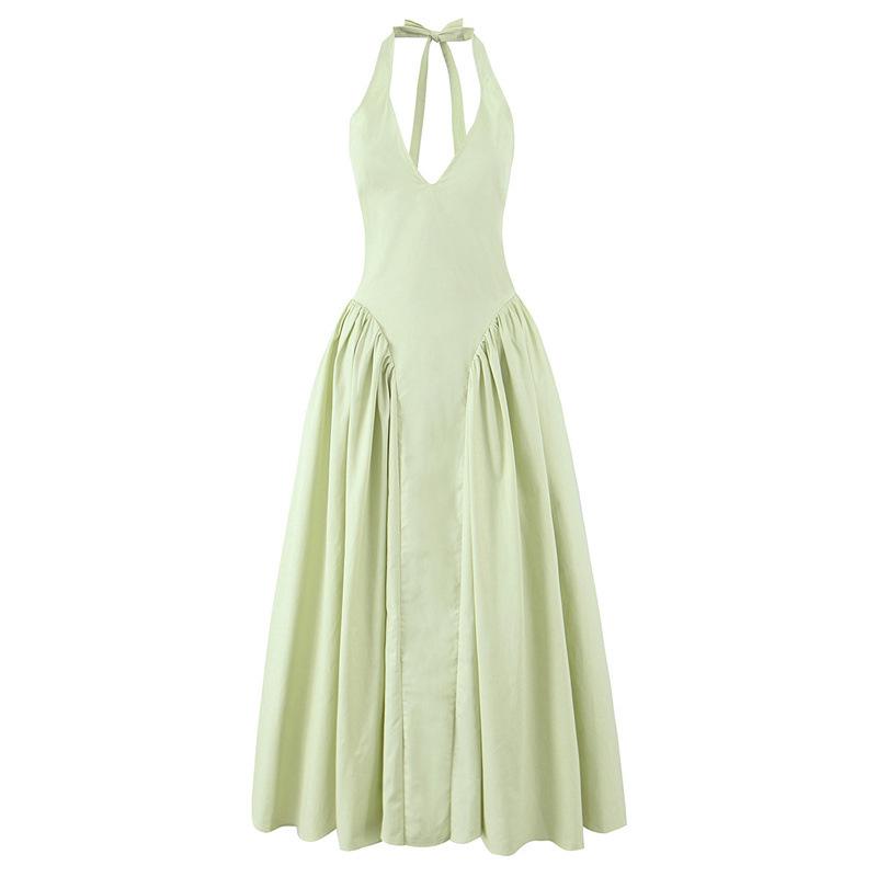 New Deep V-Neck Halter Pleated Waist-Cinching Slim Dress Small