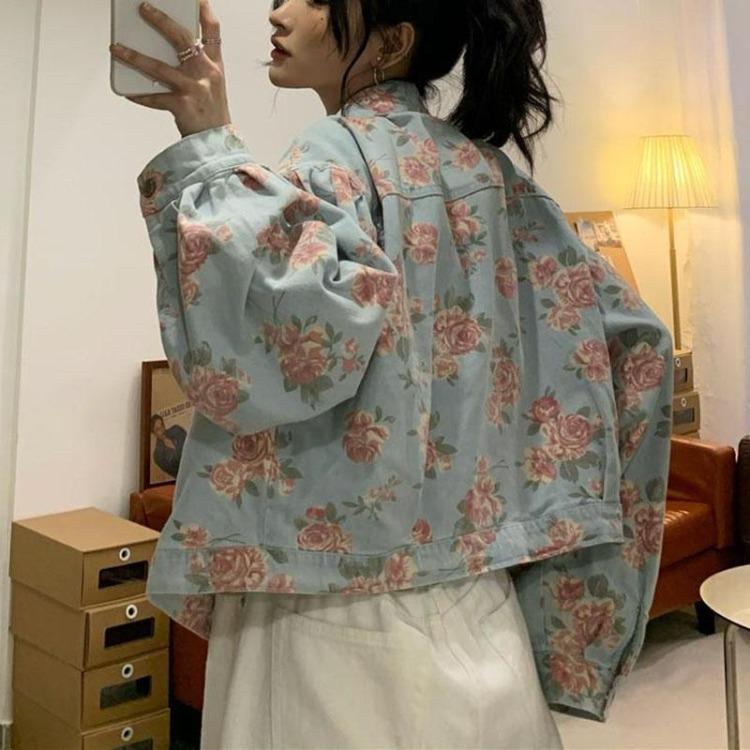Women Denim Jacket Vintage Floral Print Casual Short Basic Coat Autumn Outwear Female Fashion
