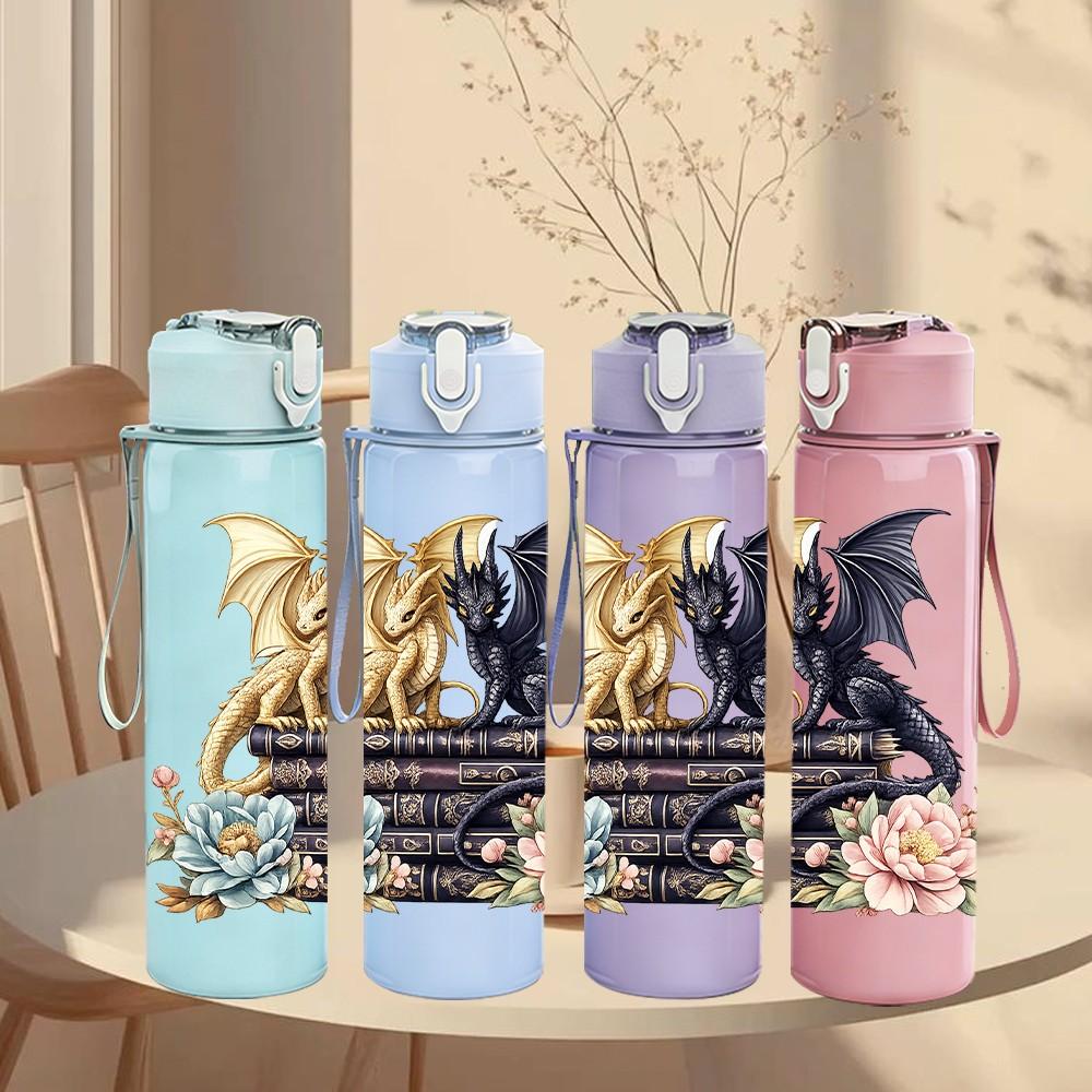 1PC Dragon Magic Book Fantasy Print 750ml Color Plastic Sports Water Bottle Leakproof Flip Straw Lid Suitable for Sports Office Home Use