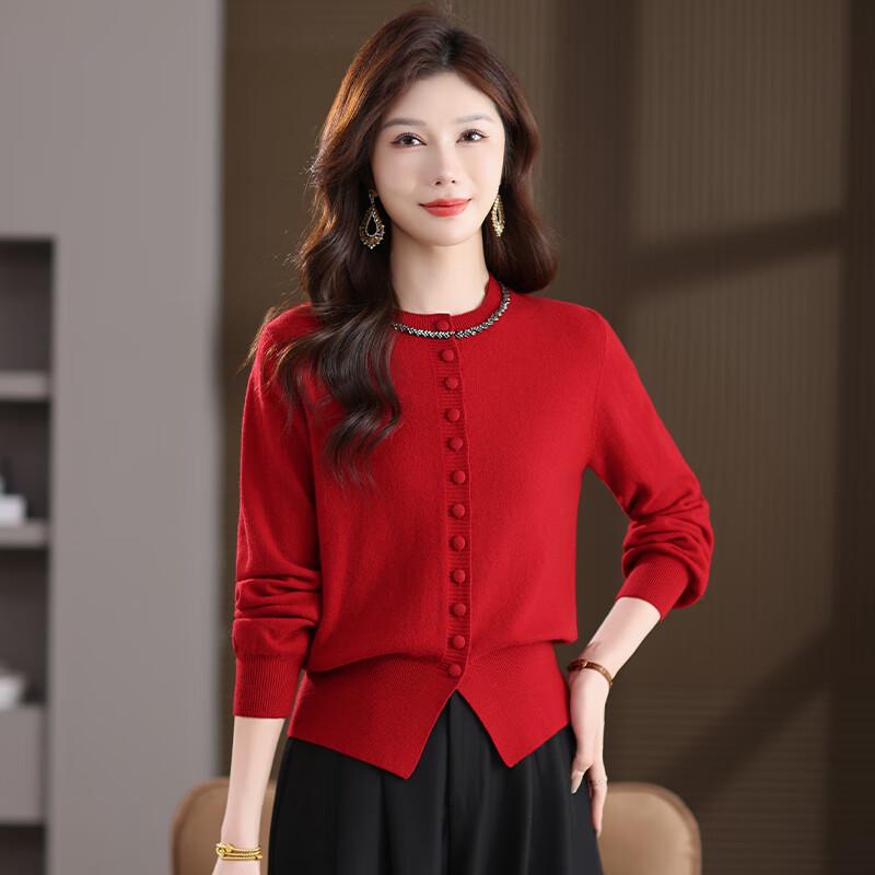 Women's 100% Pure Wool Round Neck Knitted Cardigan