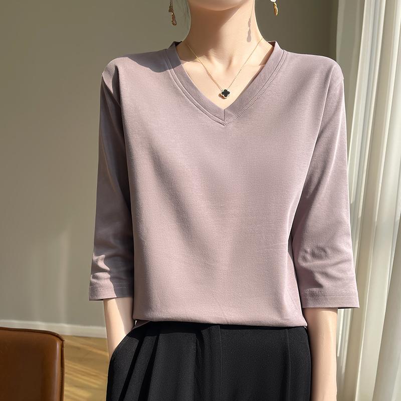 Spring And Summer White Mercerized Cotton Cropped Sleeve T-shirt Feminine Joker 100% Cotton Bottoming Shirt Half Sleeve