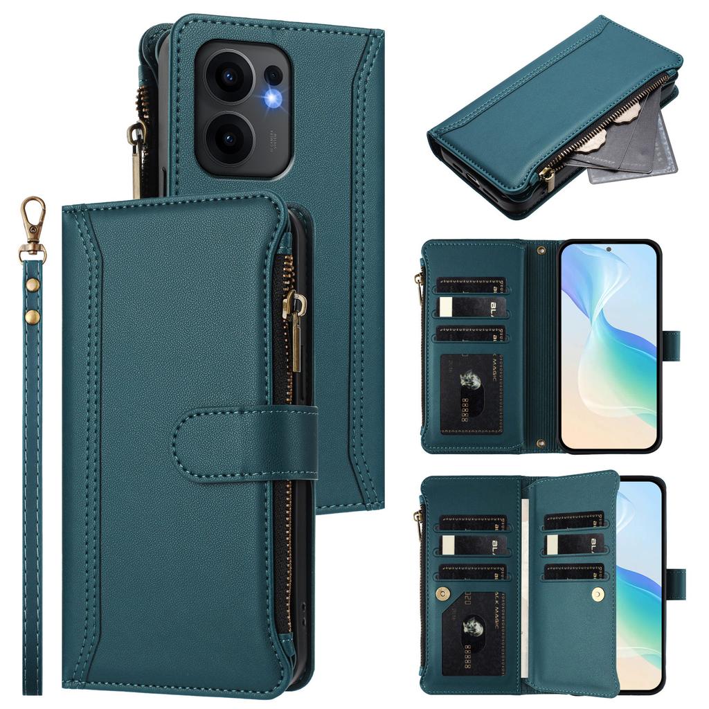 For Oppo Reno13 F 5G (Reno 13 FS 5G)/4G Leather Case 9 Card Slots Zipper Wallet Stand Phone Cover with Wrist Strap