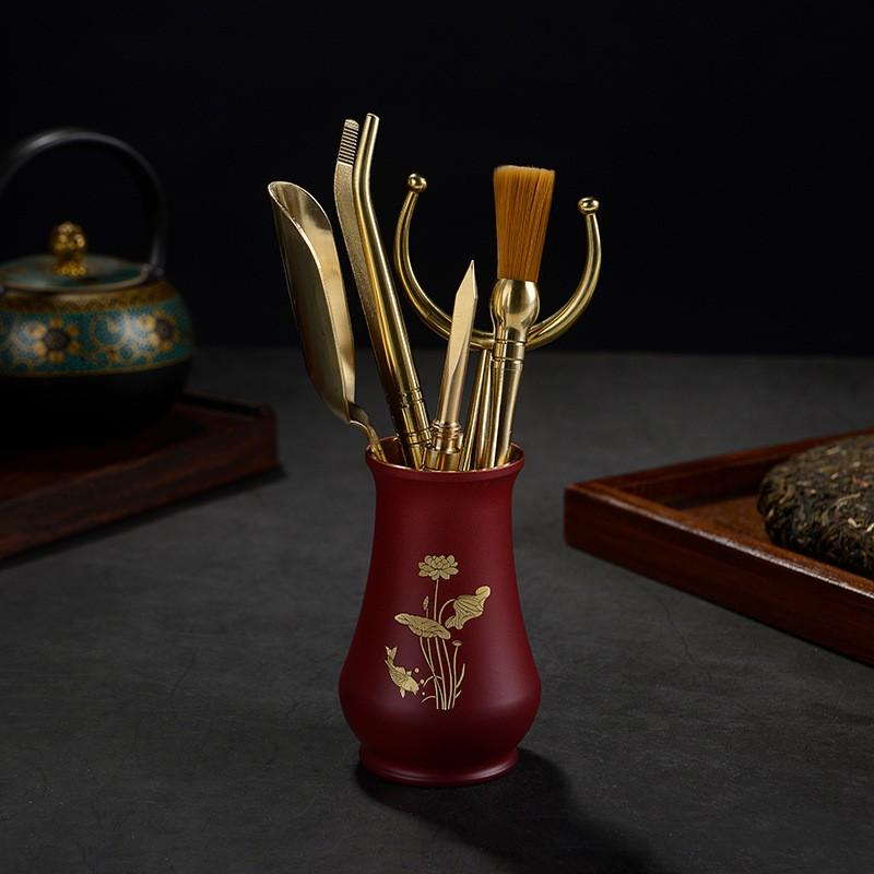 Brass Tea Ceremony Tools Set 5-Piece Grooming Kit Gongfu Brewing With Spoon Tongs Brush Knife Fork