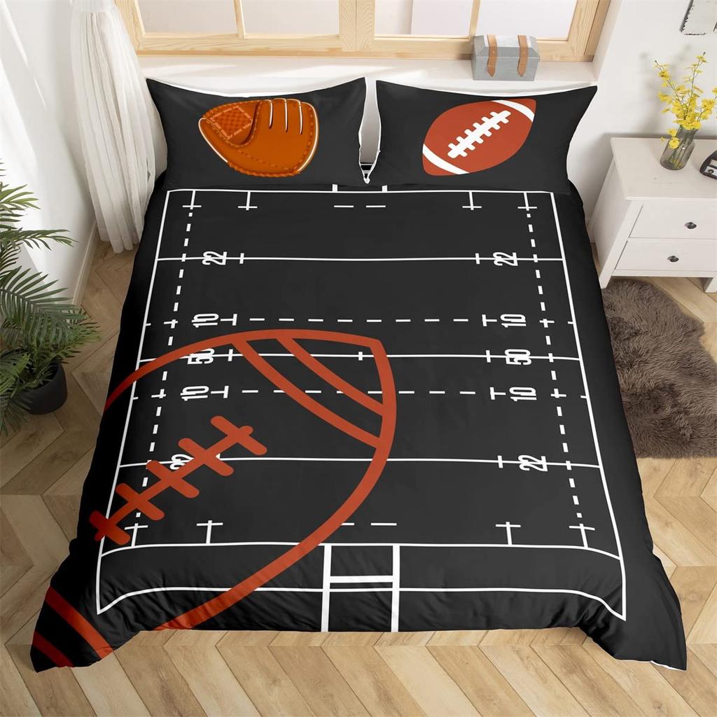 Boys Rugby Sports Duvet Cover Queen Football Bedding Set Ball Sport Comforter Cover Black Tie Dye Quilt Cover with 2 Pillowcases