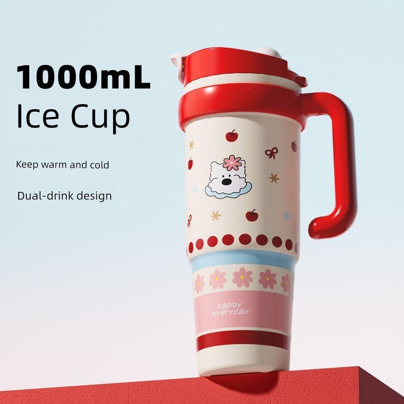 Large-Capacity Thermos Cup for Girls, New Office Water Cup, Giant Student Cup with Handle and Straw, High Aesthetic Value