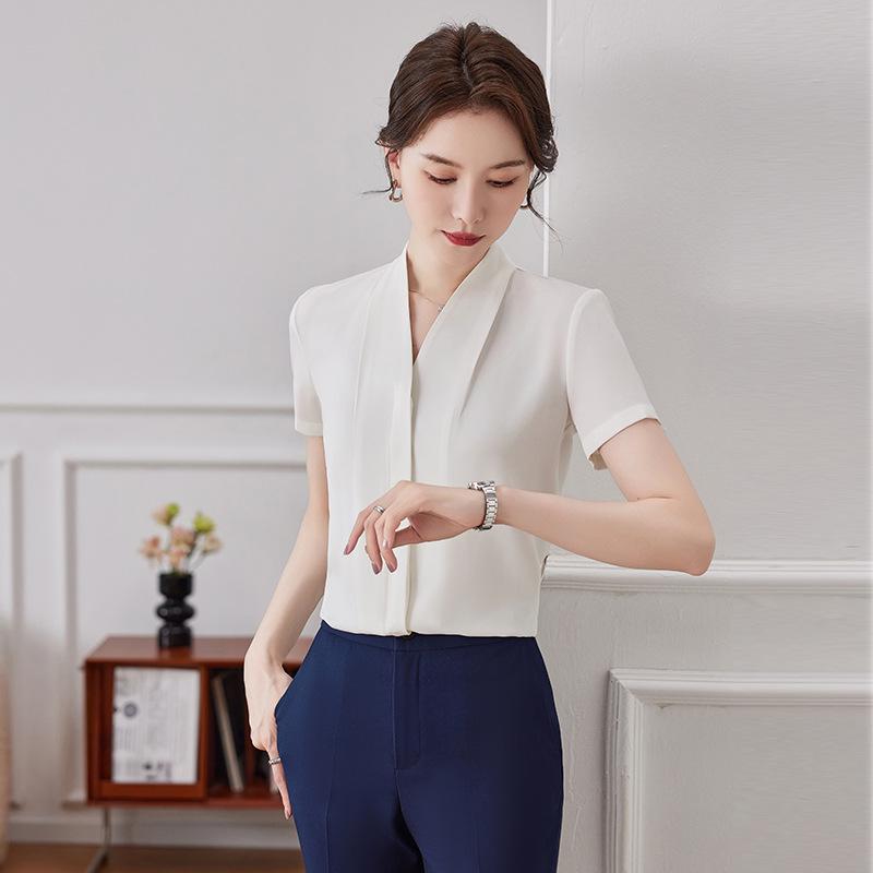 Women's High-End V-Neck Formal Shirt - Summer Professional Top for Teacher Interviews