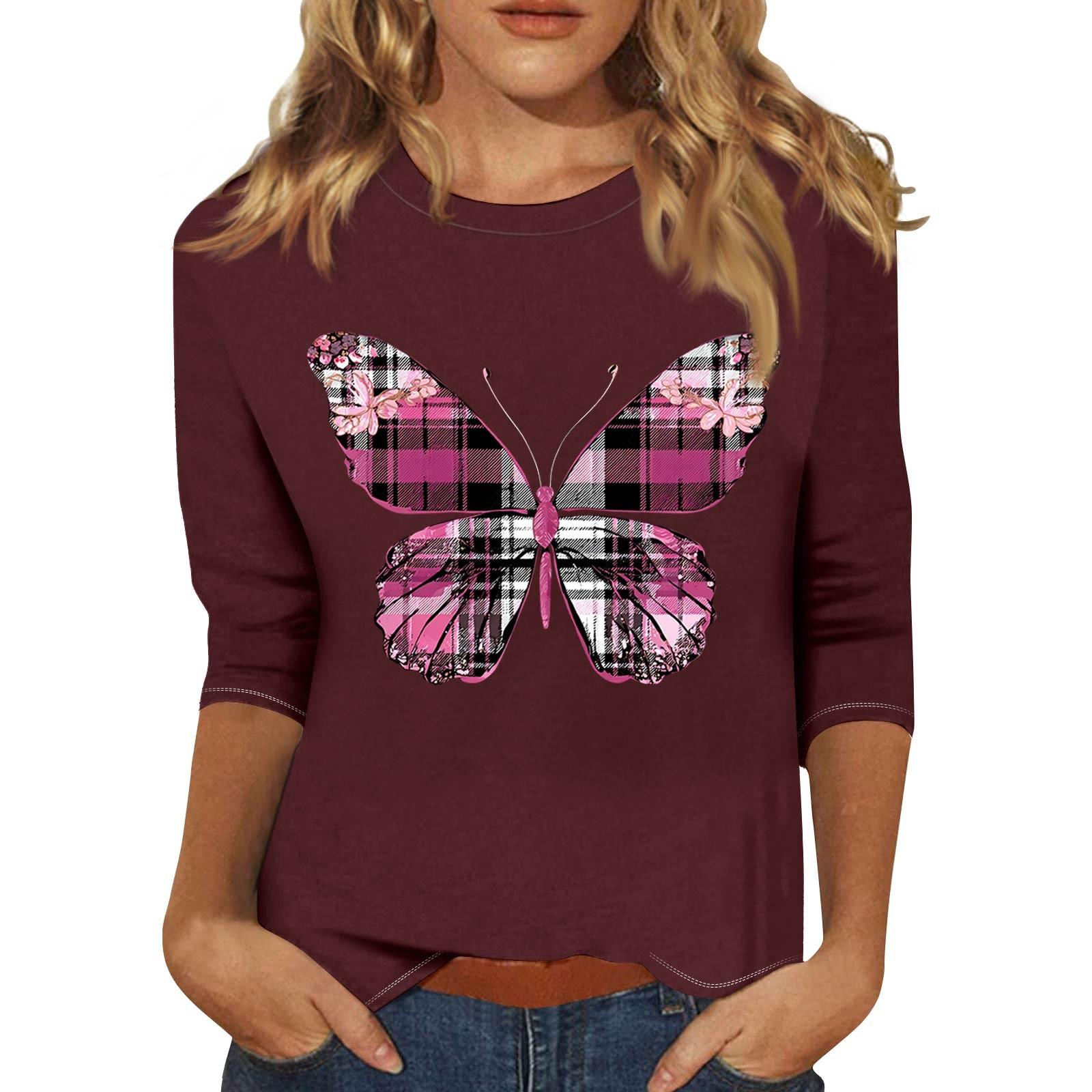 

Жіноча модна повсякденна футболка з принтом і круглим вирізом з рукавами сім чвертей L винний