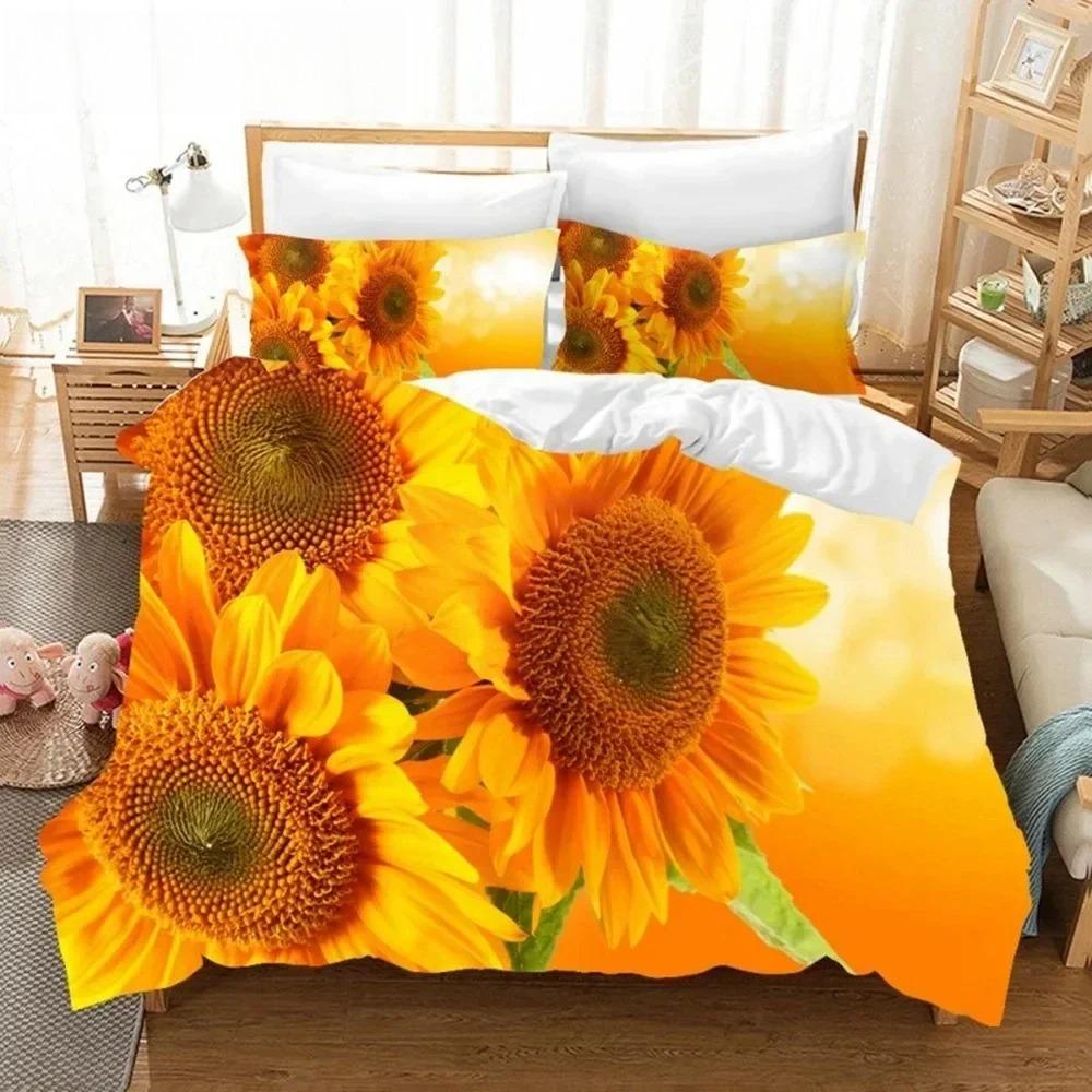 Orange Sunflower Printed Bedding Set For Lover Couples Gift Flower Pattern Duvet Cover Quilt Home Use Bedlines Double Bed Quilt