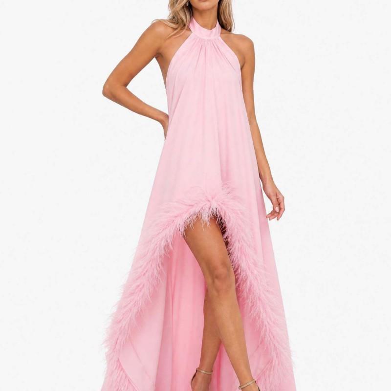 Elegant Off-Shoulder Feather Train Evening Gown Women Long Backless Formal Dress In Acetate Satin