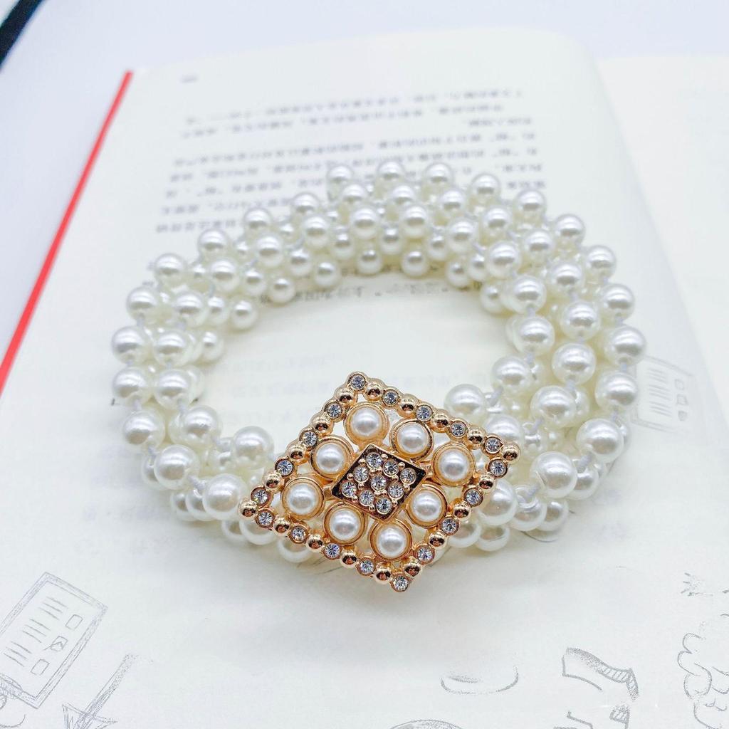 "Korean Style Rhinestone Pearl Waist Chain for Women – Fashionable, Sweet, Elastic Belt"
