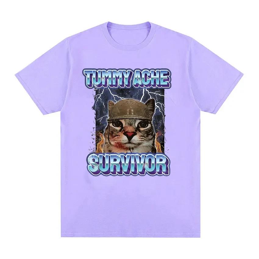 Vintage Tummy Ache Survivor Funny Cat Meme Tee Shirt Unisex Unisex Clothing Fashion Short Sleeve Tshirt Casual Pure Cotton T Shirts