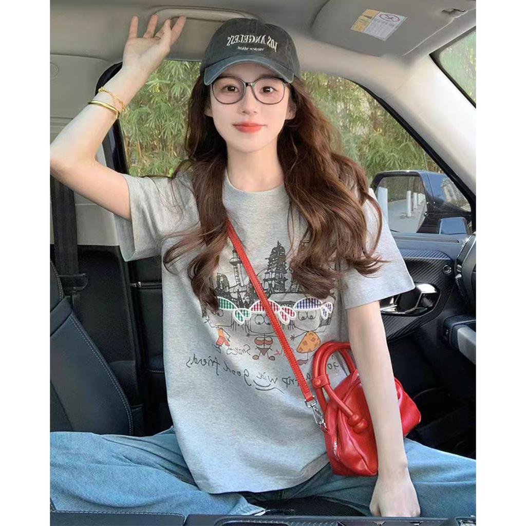 Fashionable, Casual, Versatile, Cute Cartoon Character Printed Loose Short Sleeved T-shirt