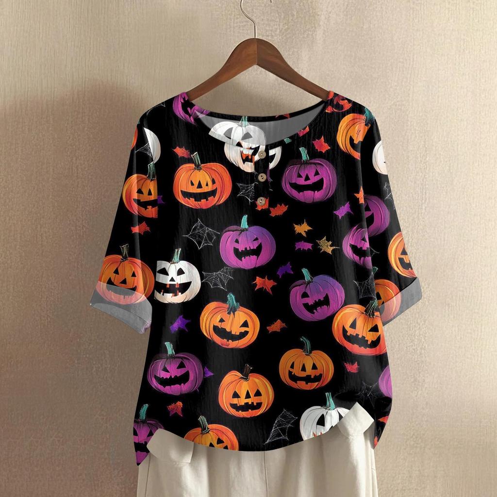 Damen Modisches Und Lässiges Shirt Halbarm Rundhals Print Baumwolle Und Leinen Bluse Top