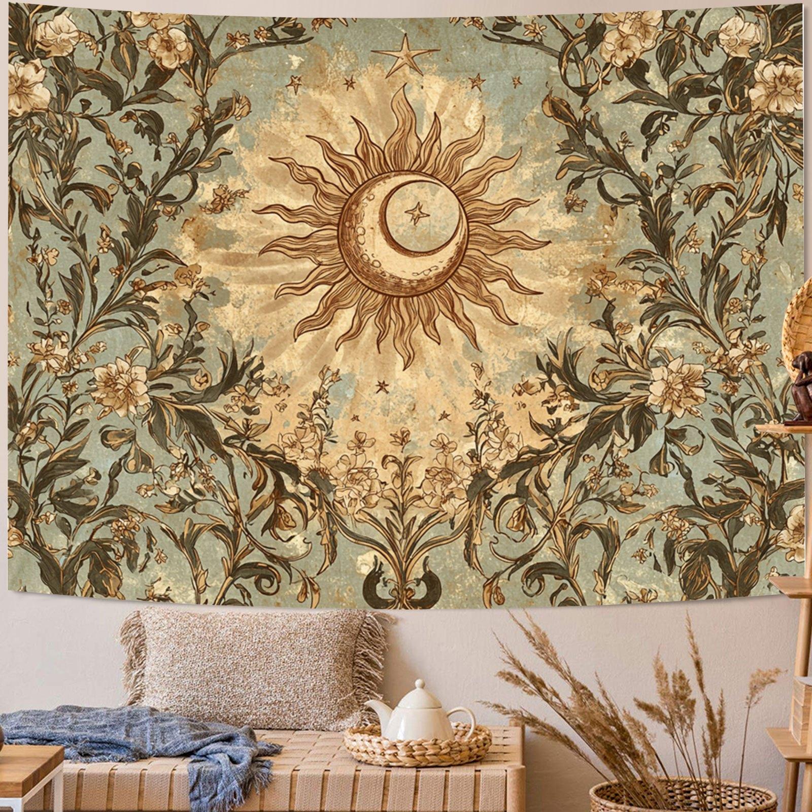 

VIKAMA Retro Sun Moon Flower Tapestry Bohemian Style Mysterious Tarot Living Room Sofa Background Wall Room Decoration 74x94cm(29x37in)