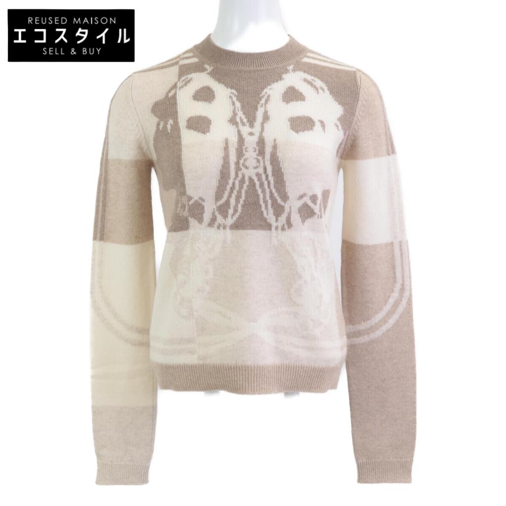 HERMES Brides de Gala/Brid de Gala Beige x Ivory Cashmere Crew Neck Long Sleeve Knit Pullover tops 36 Beige x IvoryUsed
