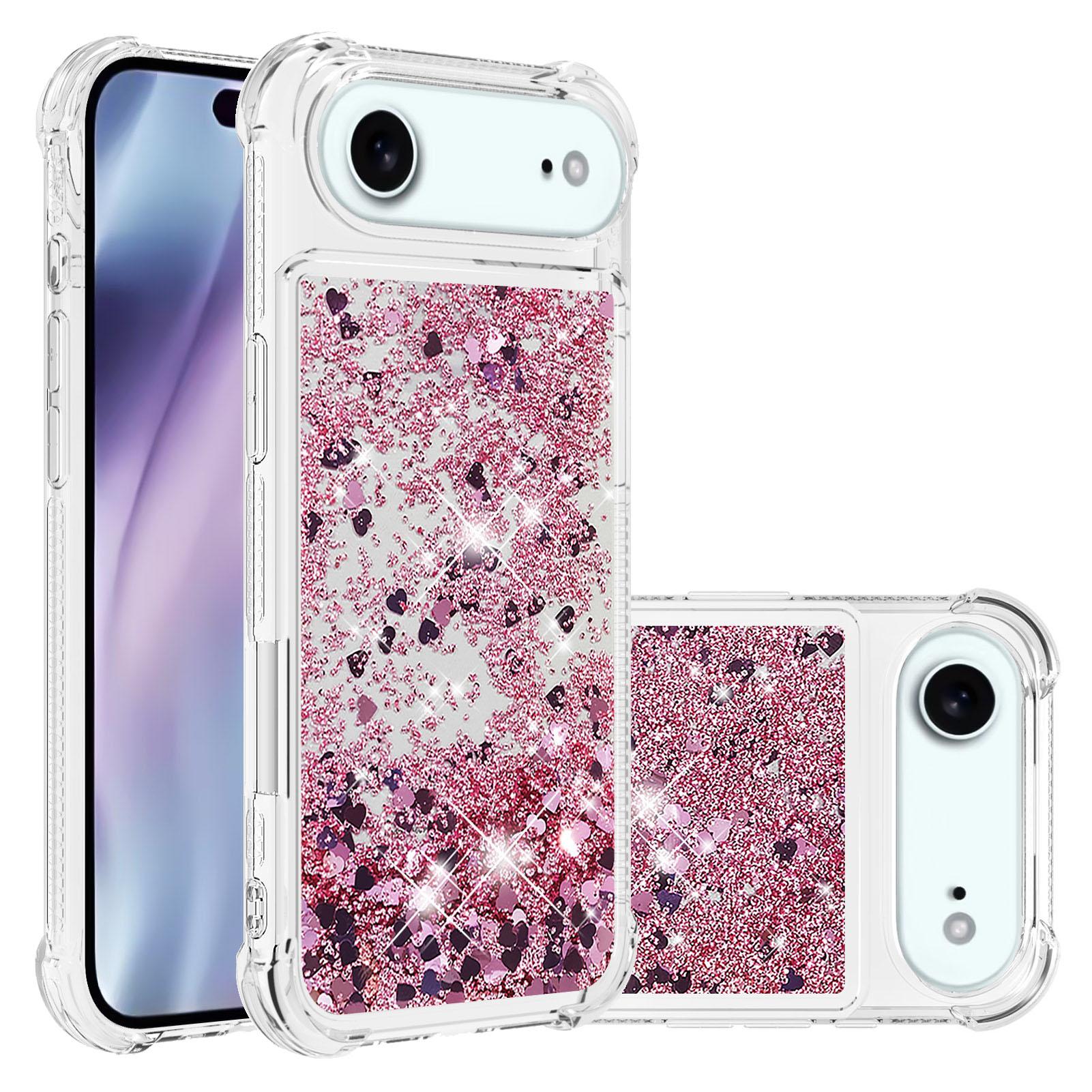 

For iPhone 17 Air TPU Case Glitter Quicksand Shockproof Phone Back Cover Rose Gold/Hearts