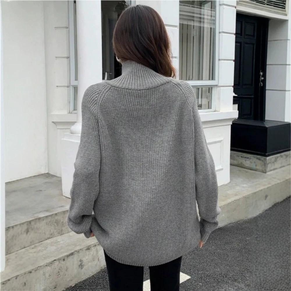 Europe, America and Russia knitted cardigan autumn and winter hot casual side zipper loose stand-up collar women's sweater jacket