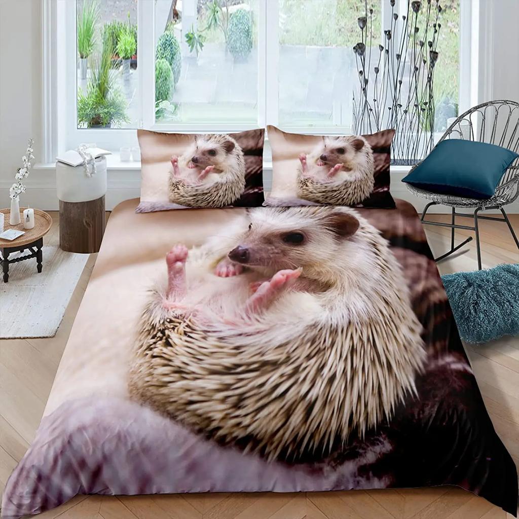 Comforter Cartoon Hedgehog Bedding Set Cute Hedgehog Flower Pattern Polyester Comforter Wildlife With Zipper