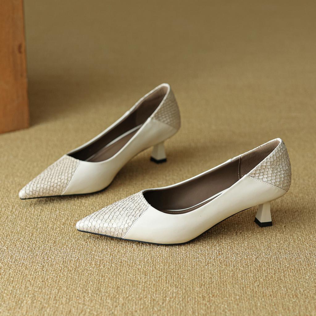 French Color Matching Leather Single Shoes Women's 2025 New Spring and Autumn Pointed Head Light Mouth Small Leather Shoes One Pedal Middle Heel Gr