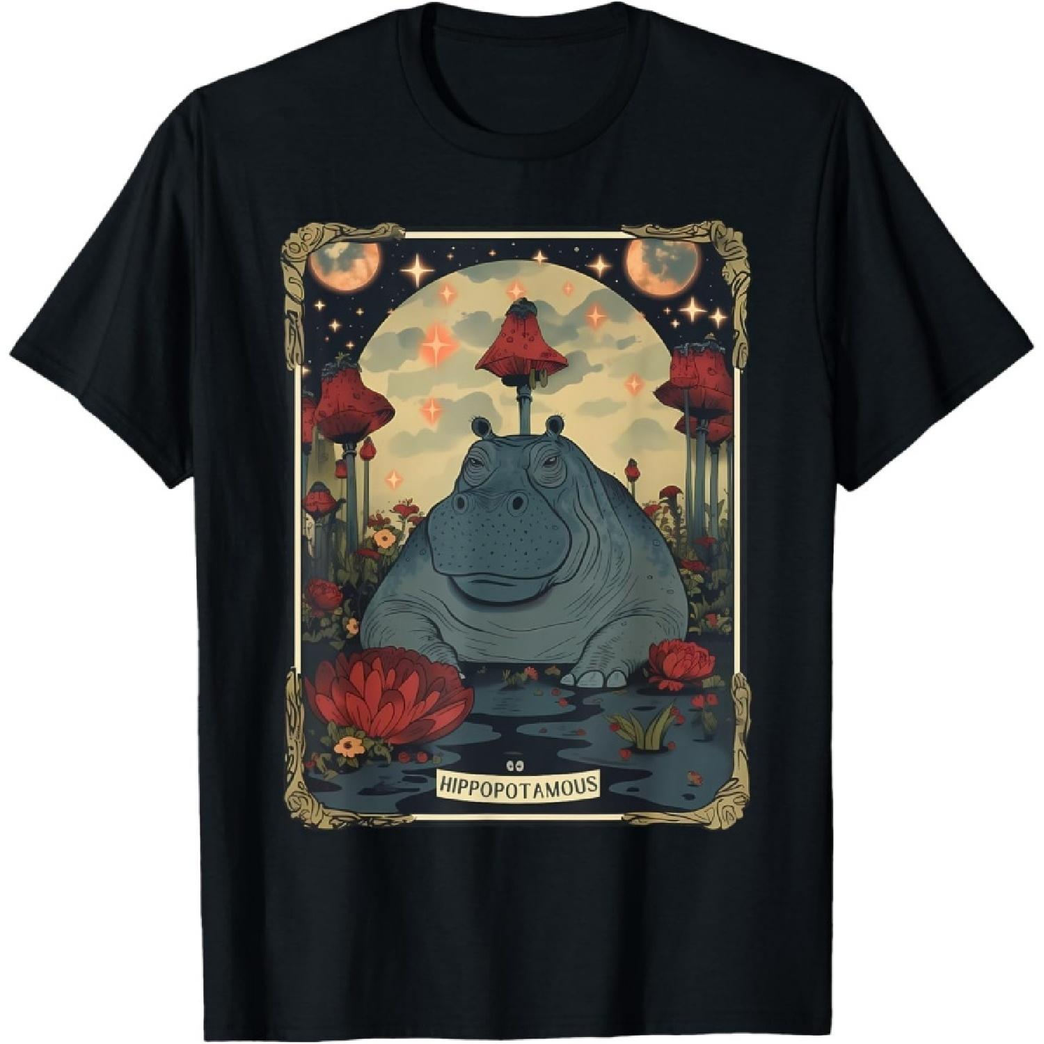 Hippopotamus Tarot Card Floral Celestial Aesthetic Hippo T-Shirt S