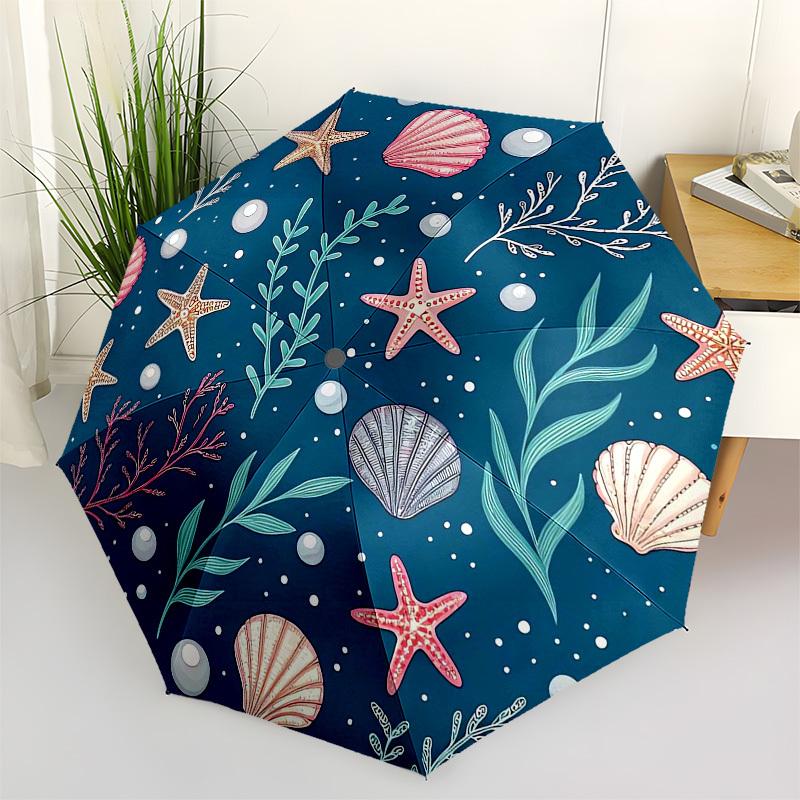 1pc Oceanic Seashells Starfish Coral Pattern Umbrella with Plastic Handle,Suitable for All Seasons Home Travel Outdoor UmbrellaB1856