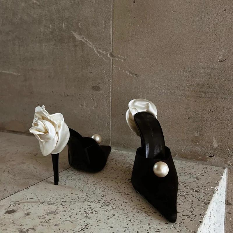 Fashion Black Satin High Heels Slippers New Spring and Summer Pearl High Heels Stiletto Heels Women's Stiletto Party White Rose Sandals