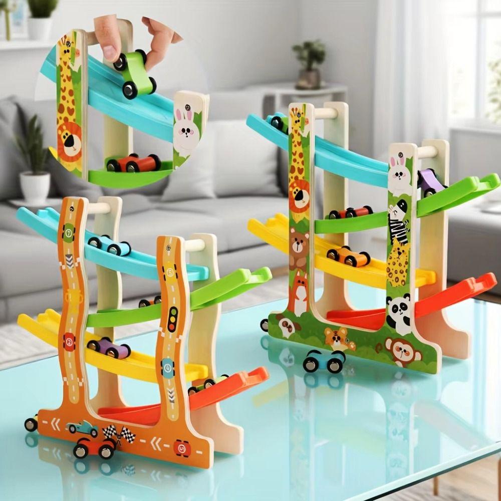 Four-layer Inertia Car Toys Traffic Theme Gravity Race Track Toy Wooden Gliders Track Boys Girls