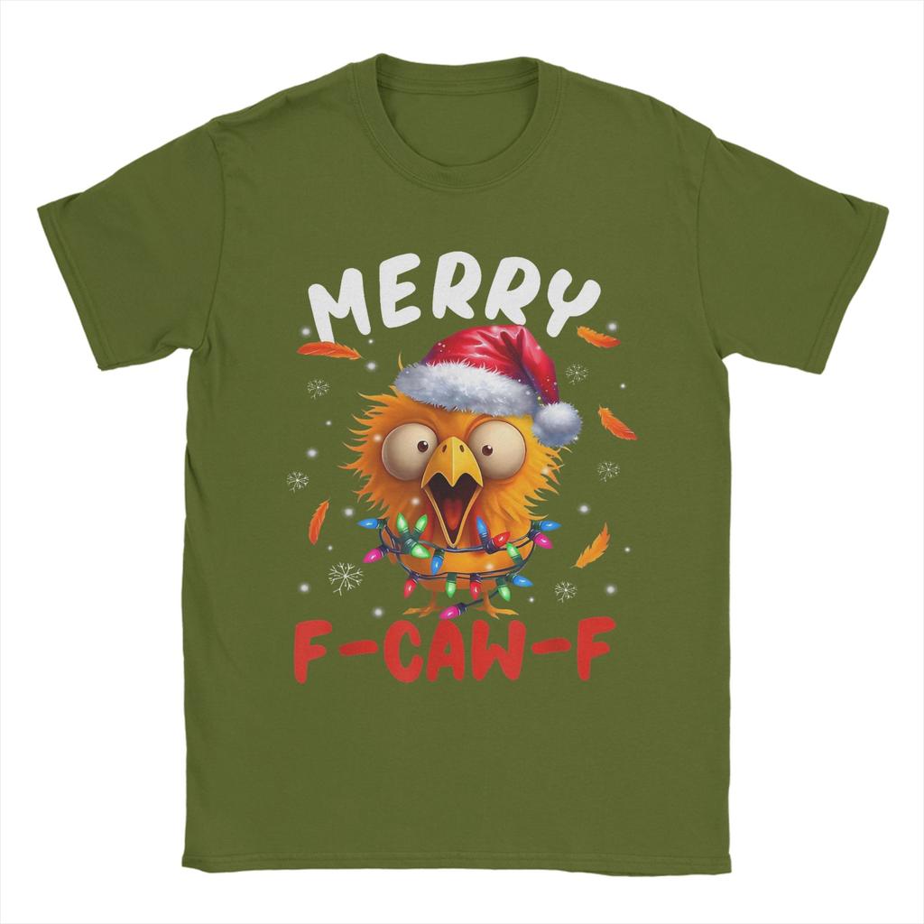 Merry F-Caw-F Christmas Chicken Xmas T-Shirts for Men Cool 100% Cotton Tee Shirt Round Neck Short Sleeve T Shirts