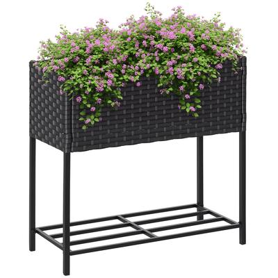 Raised Garden Bed, Planter Box, Deep Shelf, Metal Frame/Poly Rattan, 70 X 30 X 70 Cm, Dark Brown